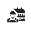 Icône représentant un travailleur ou artisan portant un casque, devant une maison jumelée ou un immeuble d'habitation.